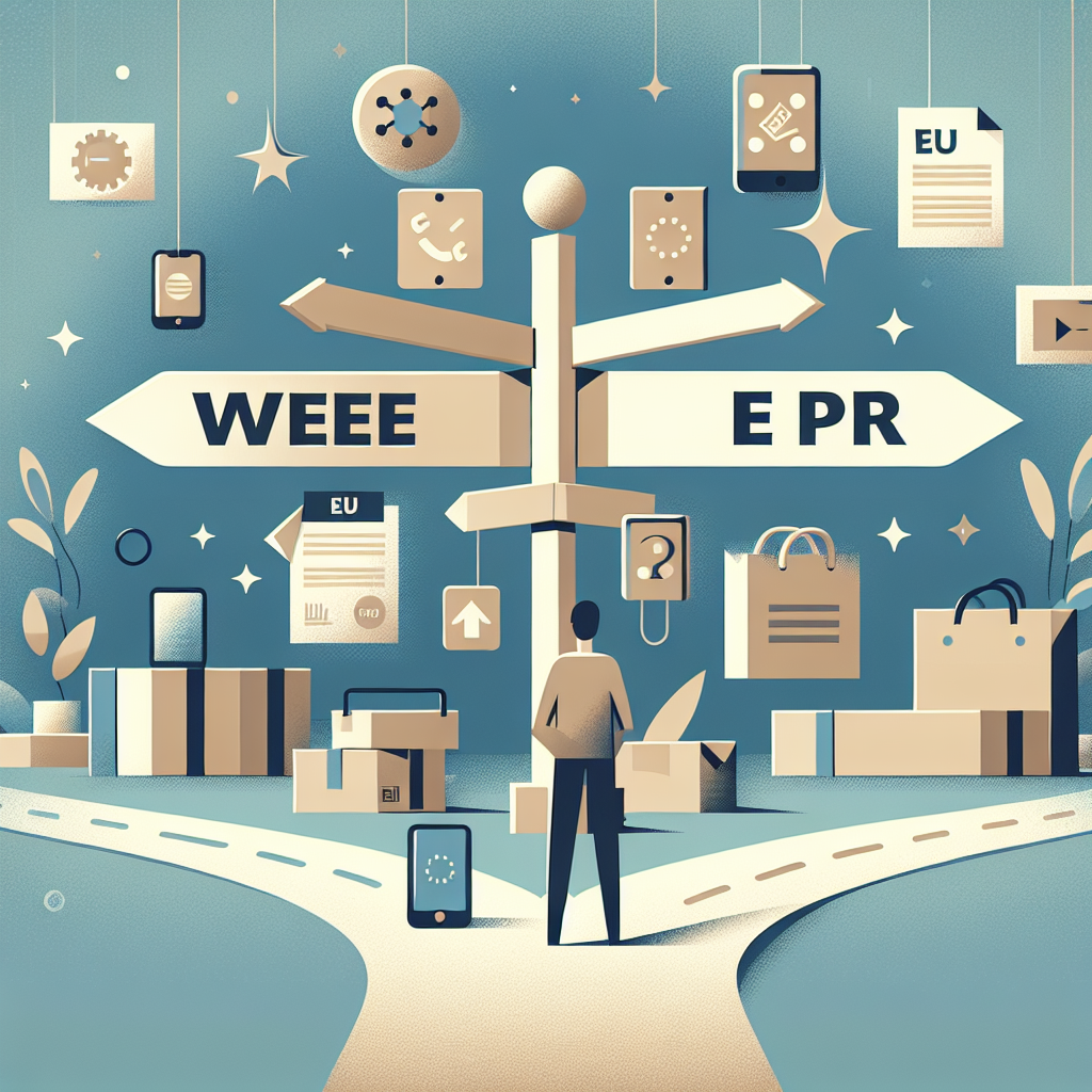 WEEE Compliance illustration showing e-commerce seller at crossroad between Packaging EPR and WEEE registration routes in EU context.