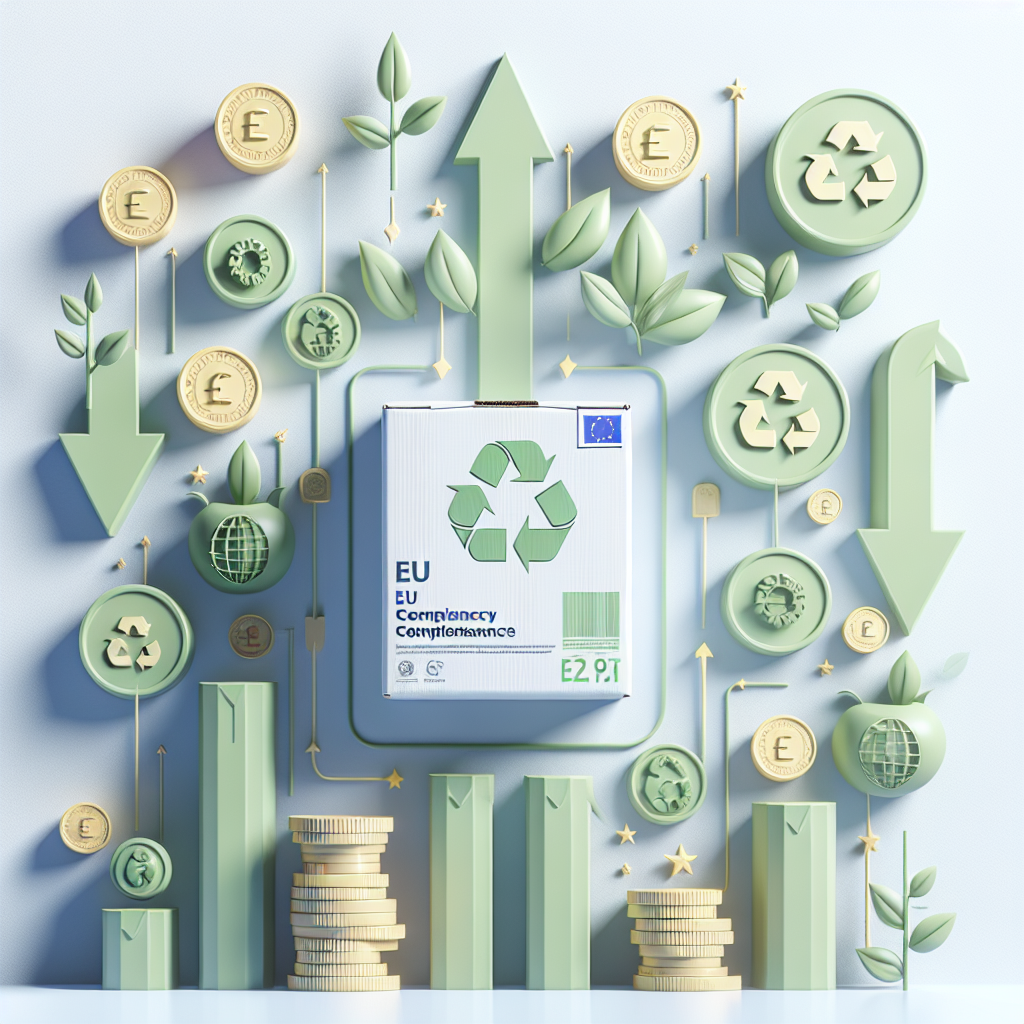 EPR Fees & Regulations visual with eco-modulation arrows, packaging cost drivers, and recyclable symbols in EU compliance setting.