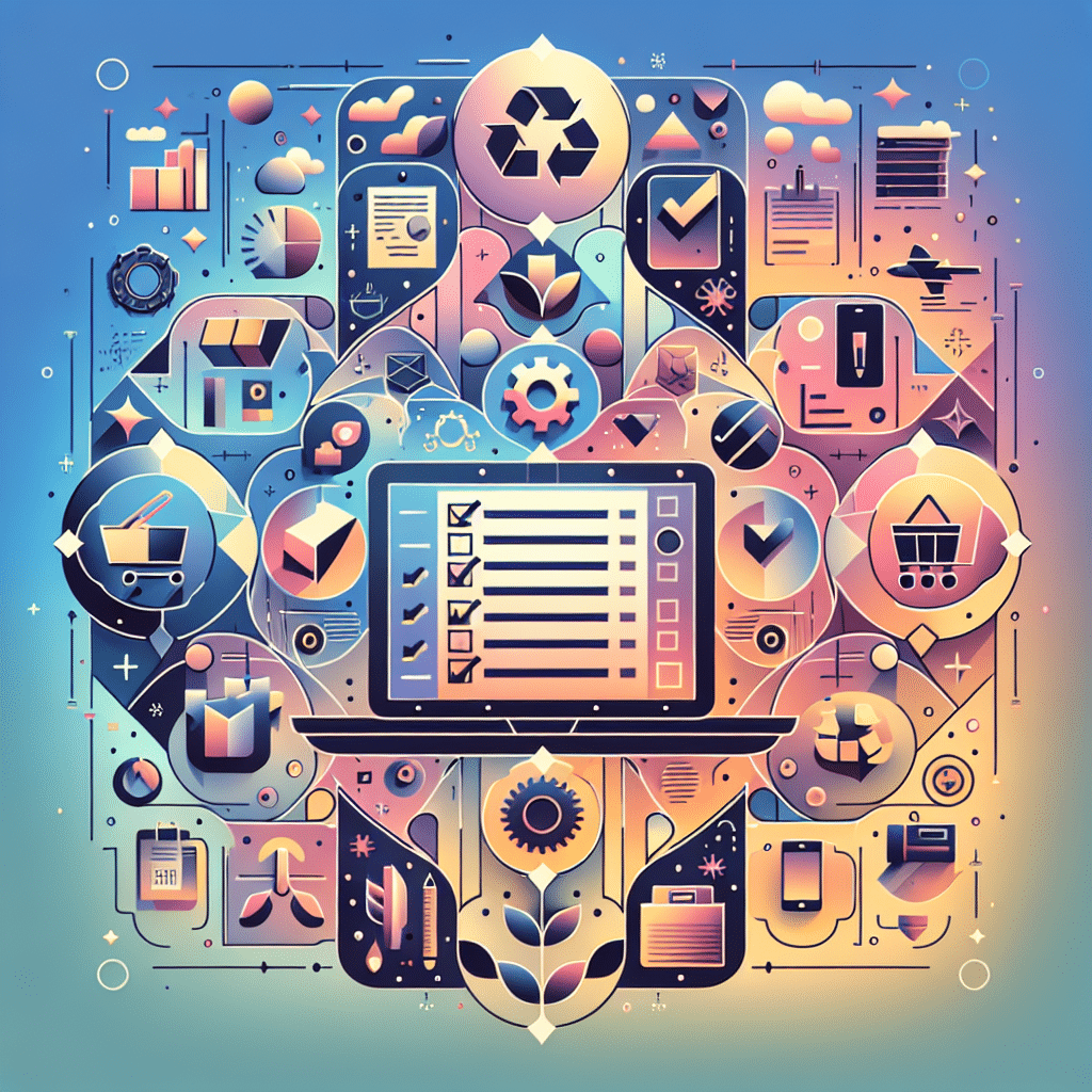 Interactive EPR Compliance checklist open on a laptop showing Amazon, eBay logos, and icons for sustainability and packaging audits.