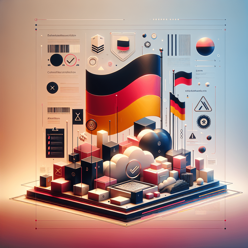 Infographic image showing compliance checklist with LUCID Registration Germany, packaging icons, and dual system flowchart.