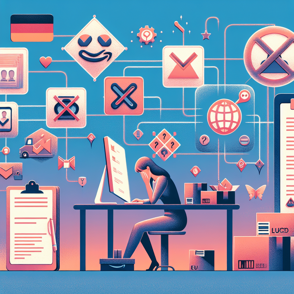 Amazon seller frustrated by LUCID Registration Errors blocking listings, with packaging compliance papers and digital checklist in view.