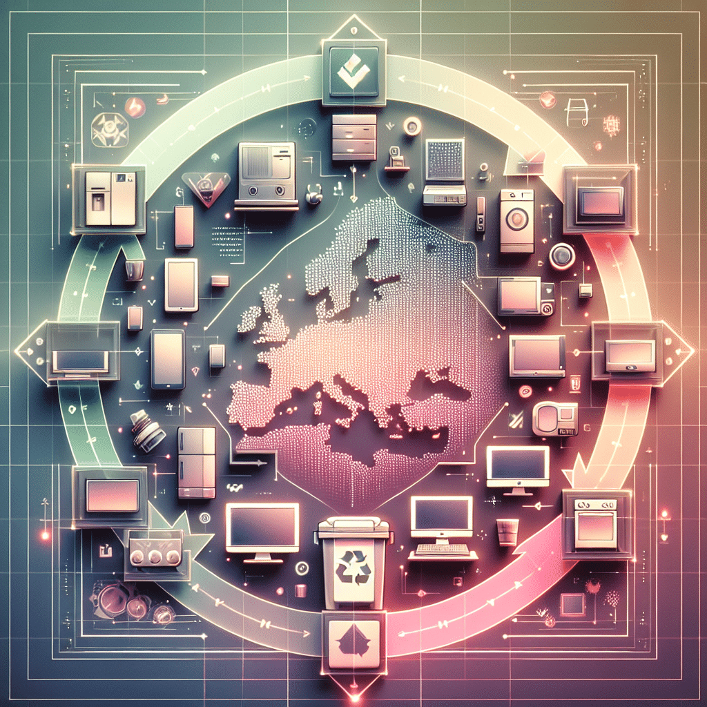 WEEE Producer Definition visual with electronics over Europe map, highlighting compliance for electronics sellers in the EU.