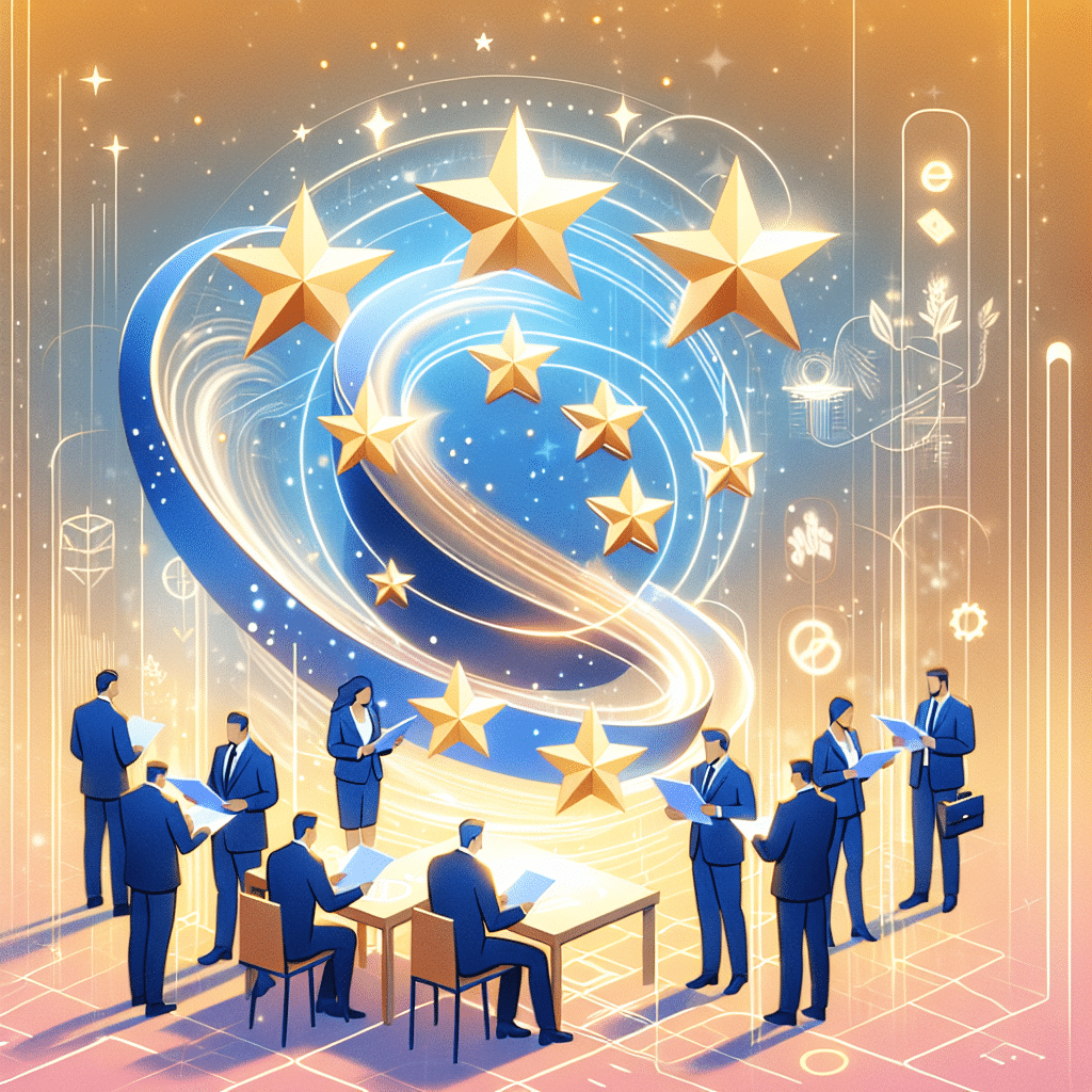 Business professionals reviewing Responsible Person Requirements checklists for EU compliance on a digital tablet against an EU backdrop.