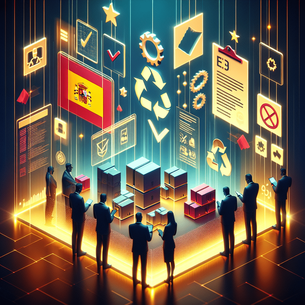 WEEE Spain Compliance for 2025: A visual showing exporters handling products and compliance paperwork with Spain’s flag and recycling symbols.