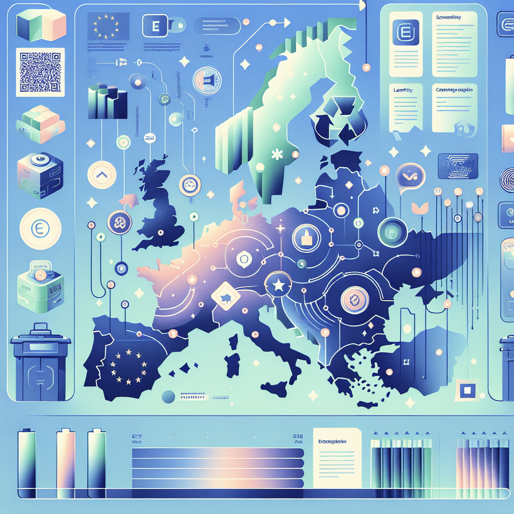 Infographic showing EU Battery EPR Regulations for 2025 including QR-code labeling, take-back obligations, and recycling targets across Europe.