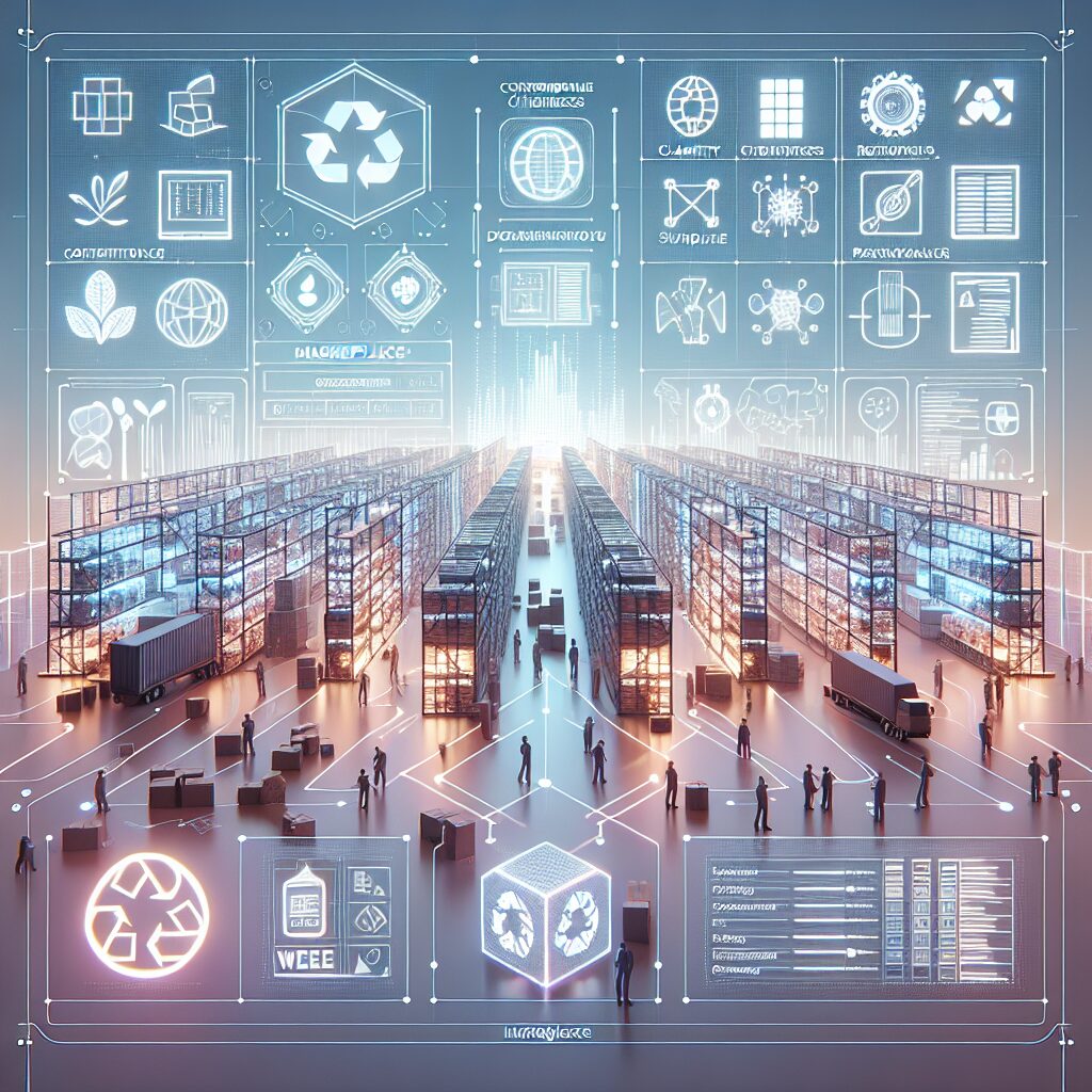 Illustration showing ecommerce warehouse with WEEE compliance automation tools, barcodes, and EU recycling indicators.