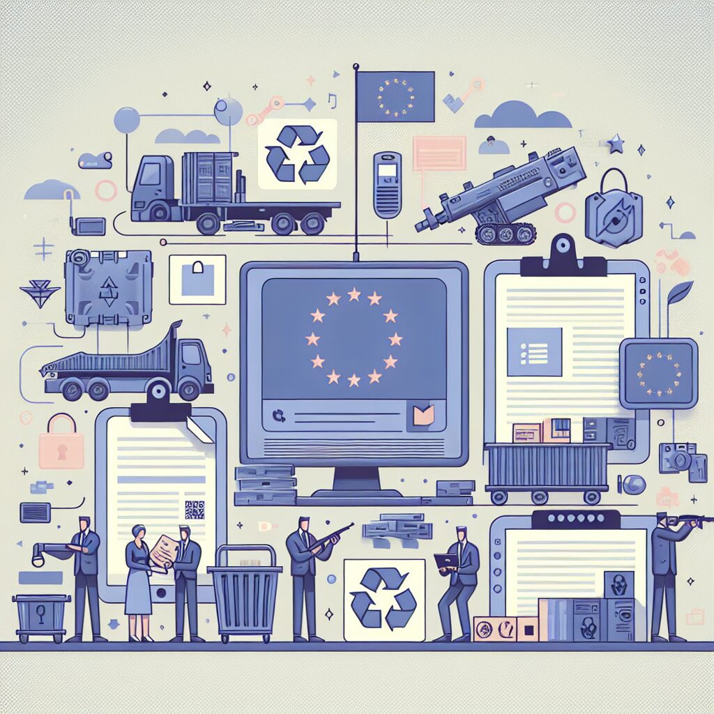An Amazon seller uploading WEEE registration Amazon documents through the Compliance Portal with EU flags and digital file icons visible.
