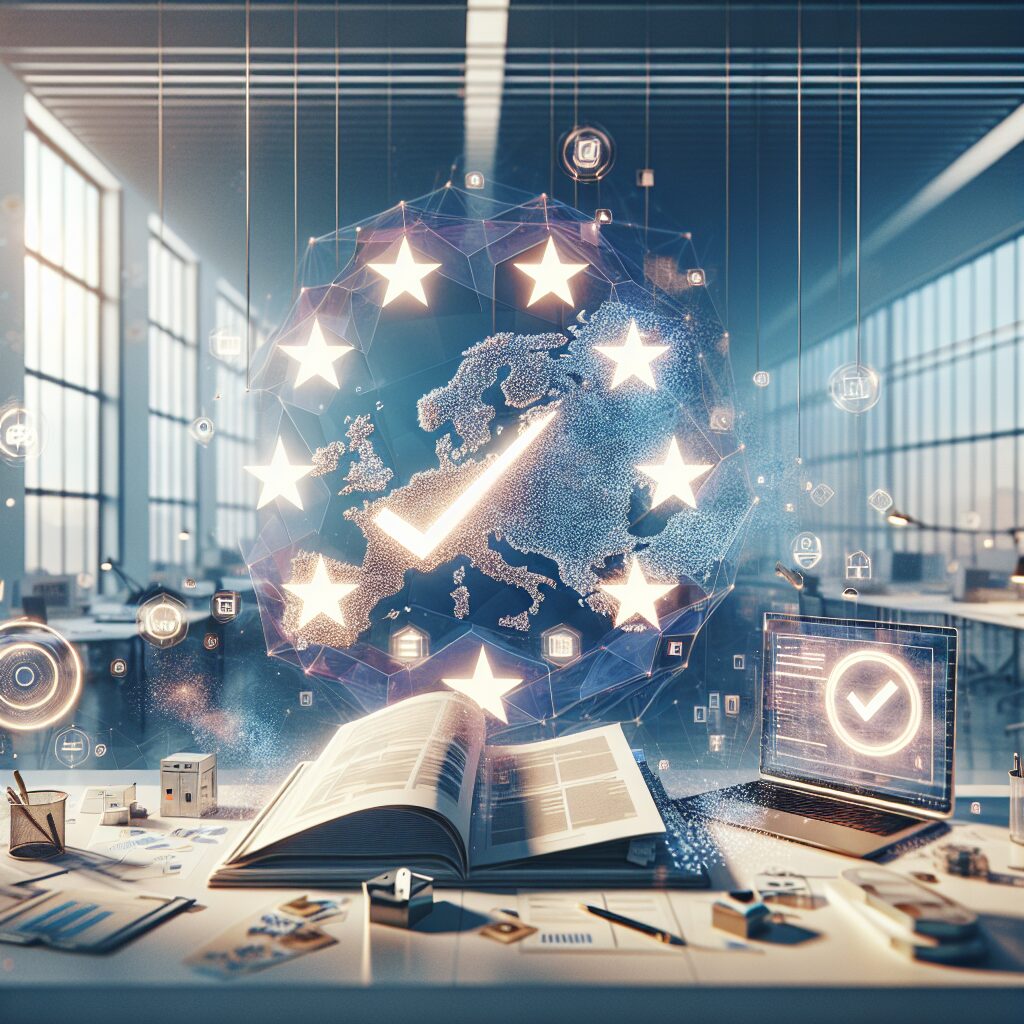 Illustration showing a verified EU Responsible Person profile with documents, digital trust icons, and compliance checkmarks for marketplace approval.