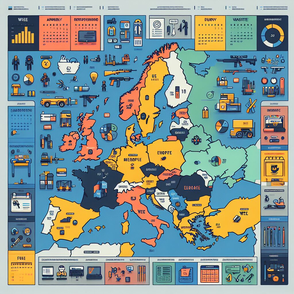 Map of Europe showing WEEE reporting cycles, with icons indicating annual or quarterly requirements for each country.