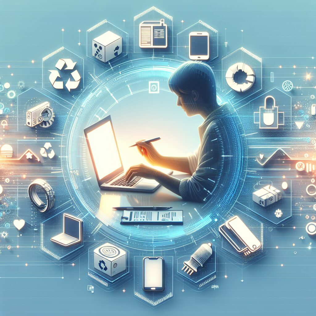 A seller reviews EU WEEE registration forms online surrounded by electronic items, highlighting compliance steps for 2024.