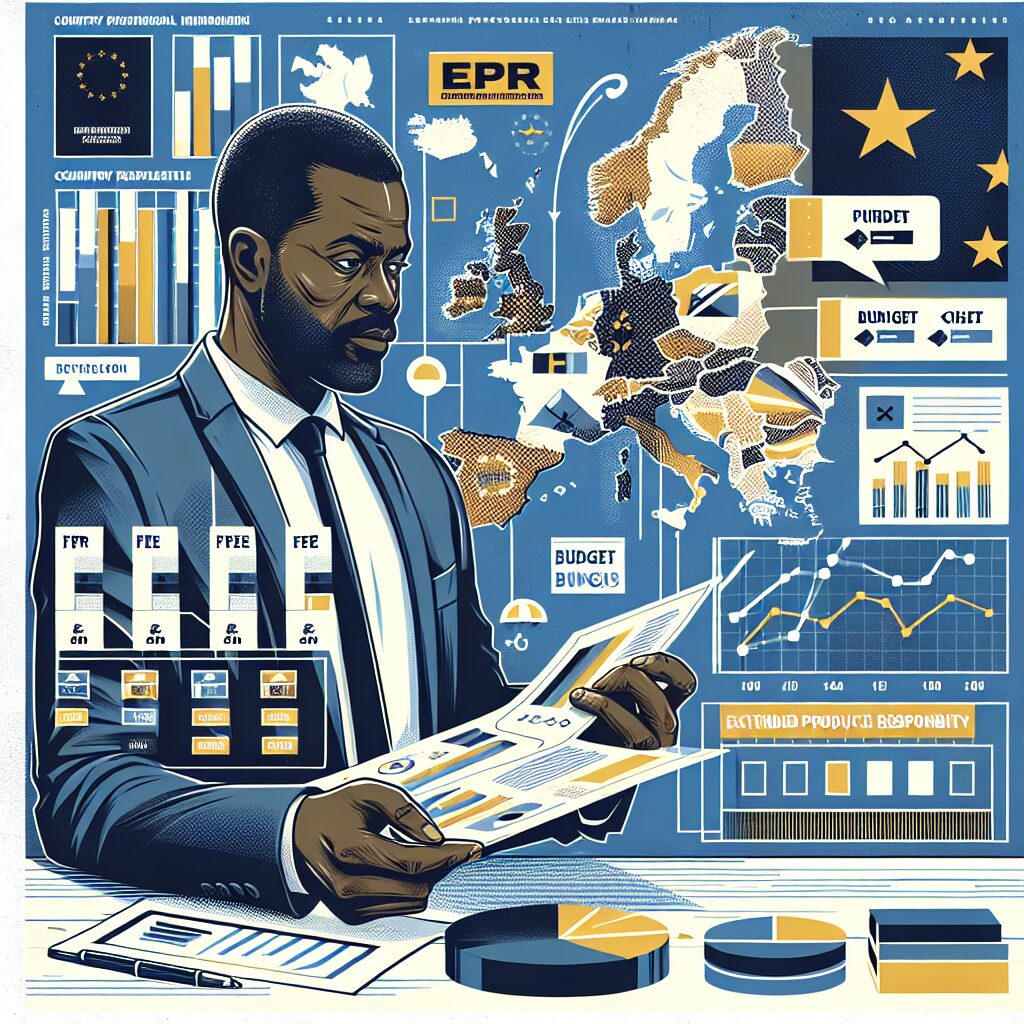 A business owner analyzes EPR registration price Europe 2025 data across countries using charts and compliance documents.