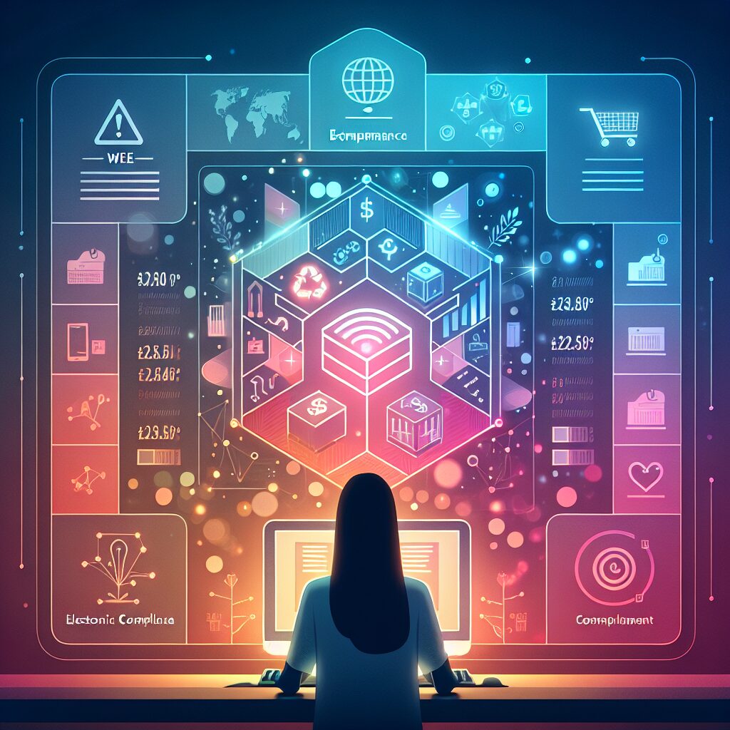 Digital interface showing WEEE compliance pricing dashboard for EU e-commerce sellers with transparent cost breakdown and compliance symbols.
