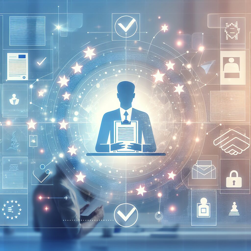 Business specialist completing online application for weee registration europe in EU, surrounded by digital compliance icons and country flags.