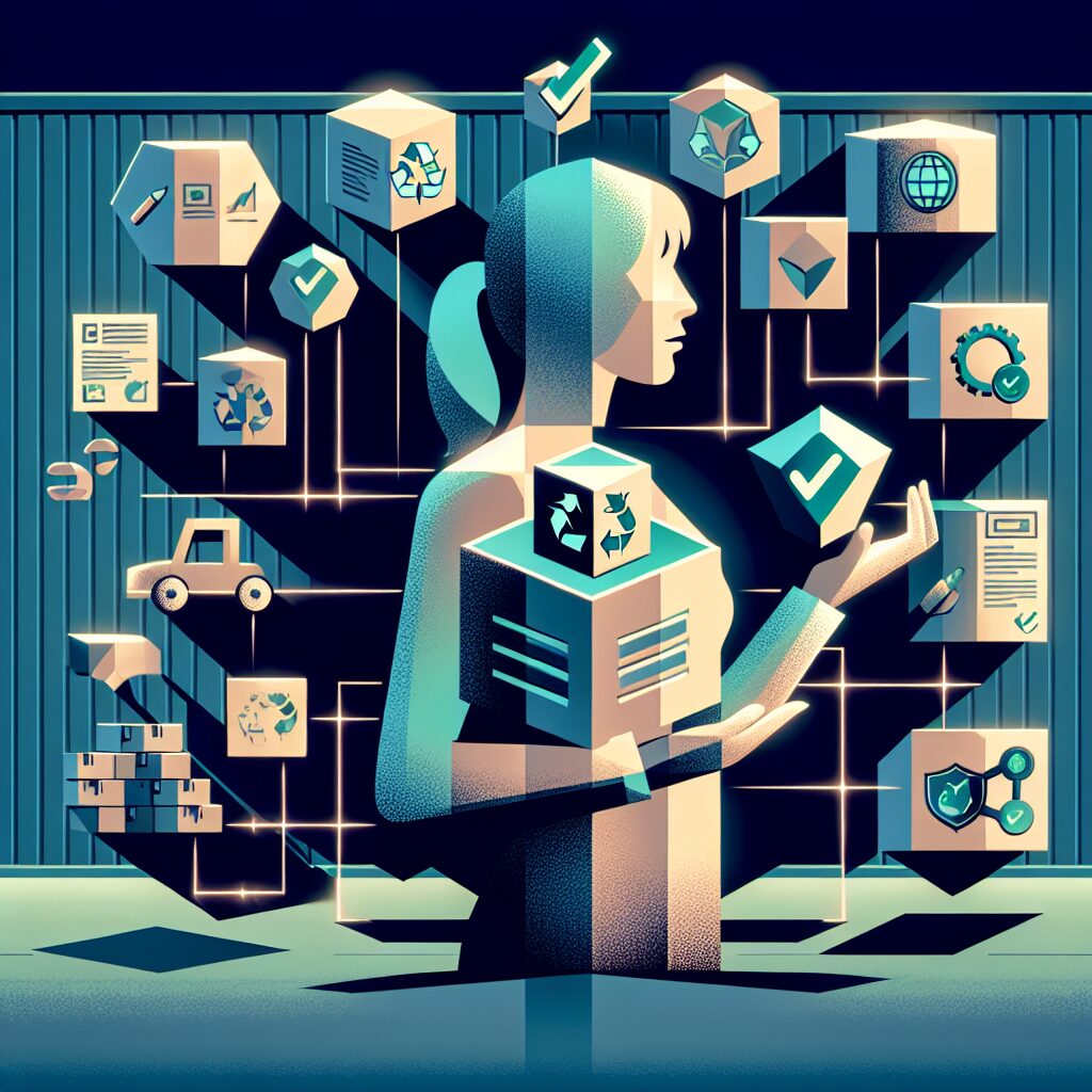 A business owner reviewing WEEE compliance documents with EU Responsible Person icon and EPR certificate approval in the background of a digital marketplace.