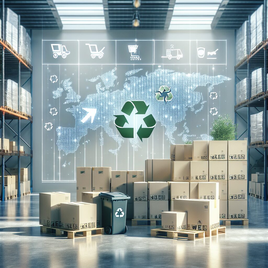 Image showing WEEE compliance in an EU e-commerce warehouse with logistics and regulation tracking overlaid visually.