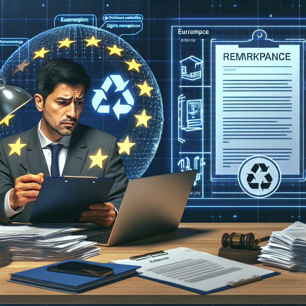 An online seller stressing over a marketplace suspension notice due to WEEE non-compliance amidst EU regulation documents.