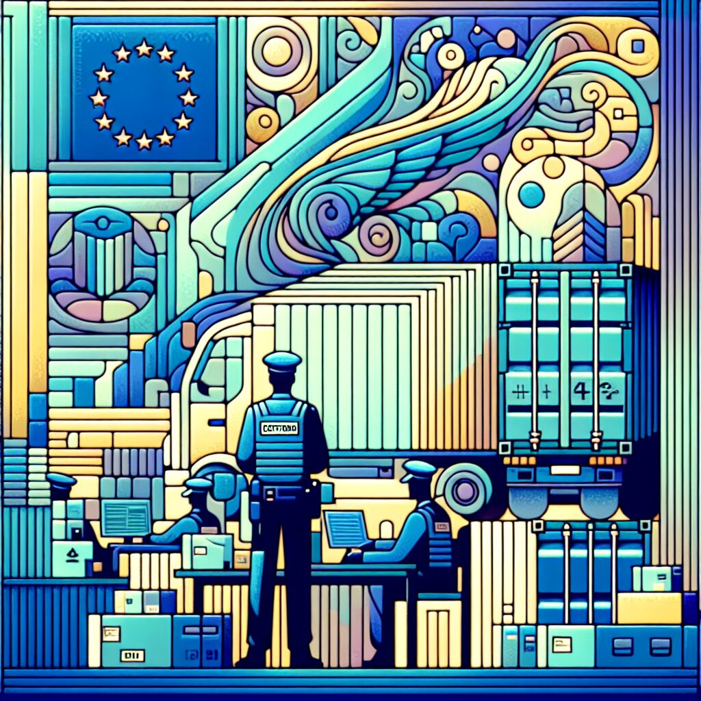 Illustration of a European customs officer verifying electronic goods with visible WEEE registration number on documents.