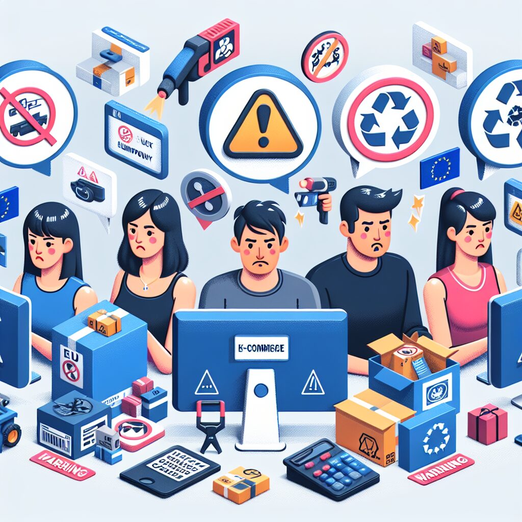 Illustration of WEEE mistakes made by online marketplace sellers in 2025, showing compliance errors and EU regulation icons.