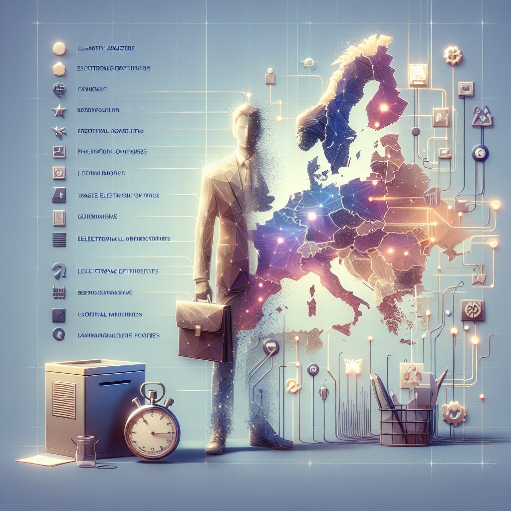 A European businessperson holding documents and a stopwatch in front of a map, symbolizing fast EPR WEEE producer number registration in the EU.