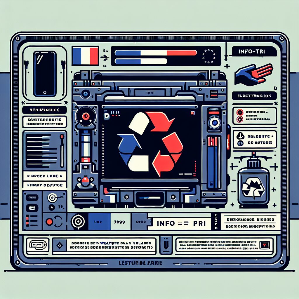Illustration of electronics packaging with Triman logo and Info-Tri icons for French EPR compliance.