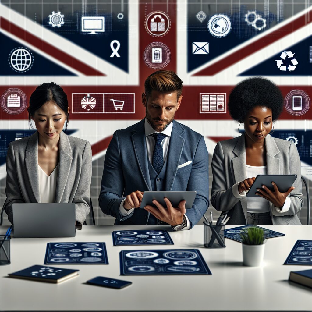 E-commerce sellers evaluating UK WEEE registration compliance checklist with electronic devices and recycling symbols.