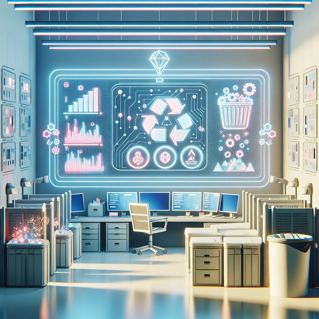 WEEE compliance automation system in a modern EU office setting, showing dashboards tracking electronic waste regulations and automated tasks.