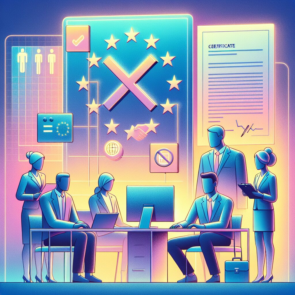 WEEE producer number process visual showing EU business registration, digital forms, WEEE certificate, and EU flags in the background.
