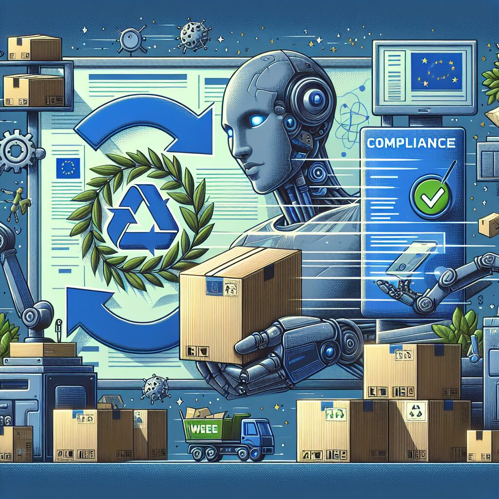 Illustration depicting WEEE compliance automation for dropshipping and fulfilment models trading electronics in the EU.