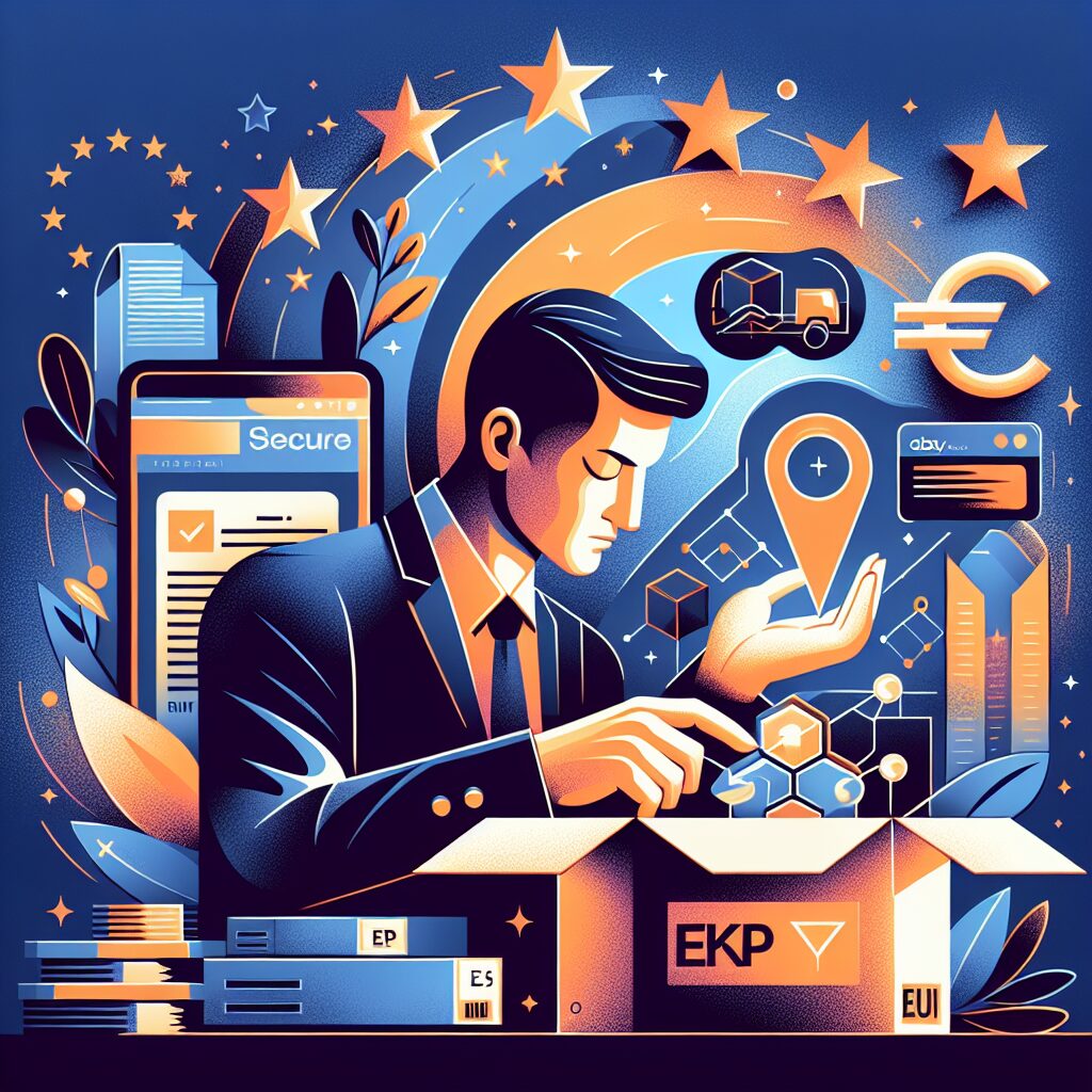 EU EPR compliance illustration showing eBay sellers packaging electronics with WEEE labels in a secure EU marketplace setup.