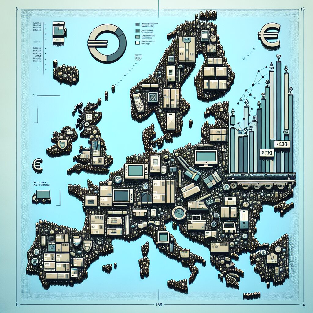 An illustration showing EU WEEE margins optimisation with icons for electronics, packaging, euro signs, and charts reducing compliance costs.