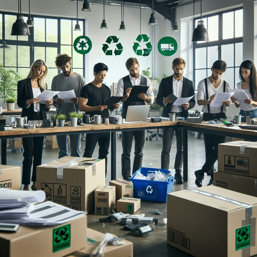 UK EPR compliance visual showing sellers reviewing recycling documentation and UK packaging in a workspace.