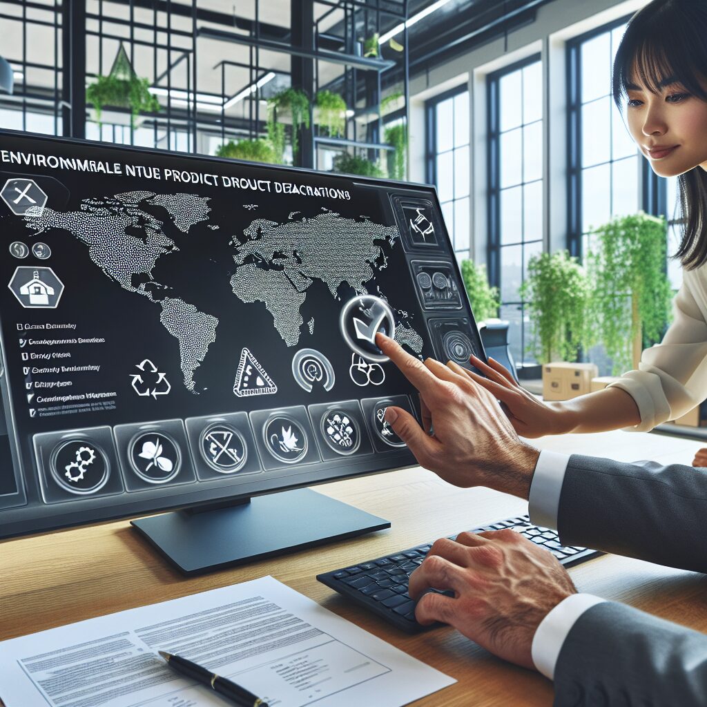Hands using digital tools to navigate the EPR onboarding process with EU regulatory maps and checklists in a modern office.