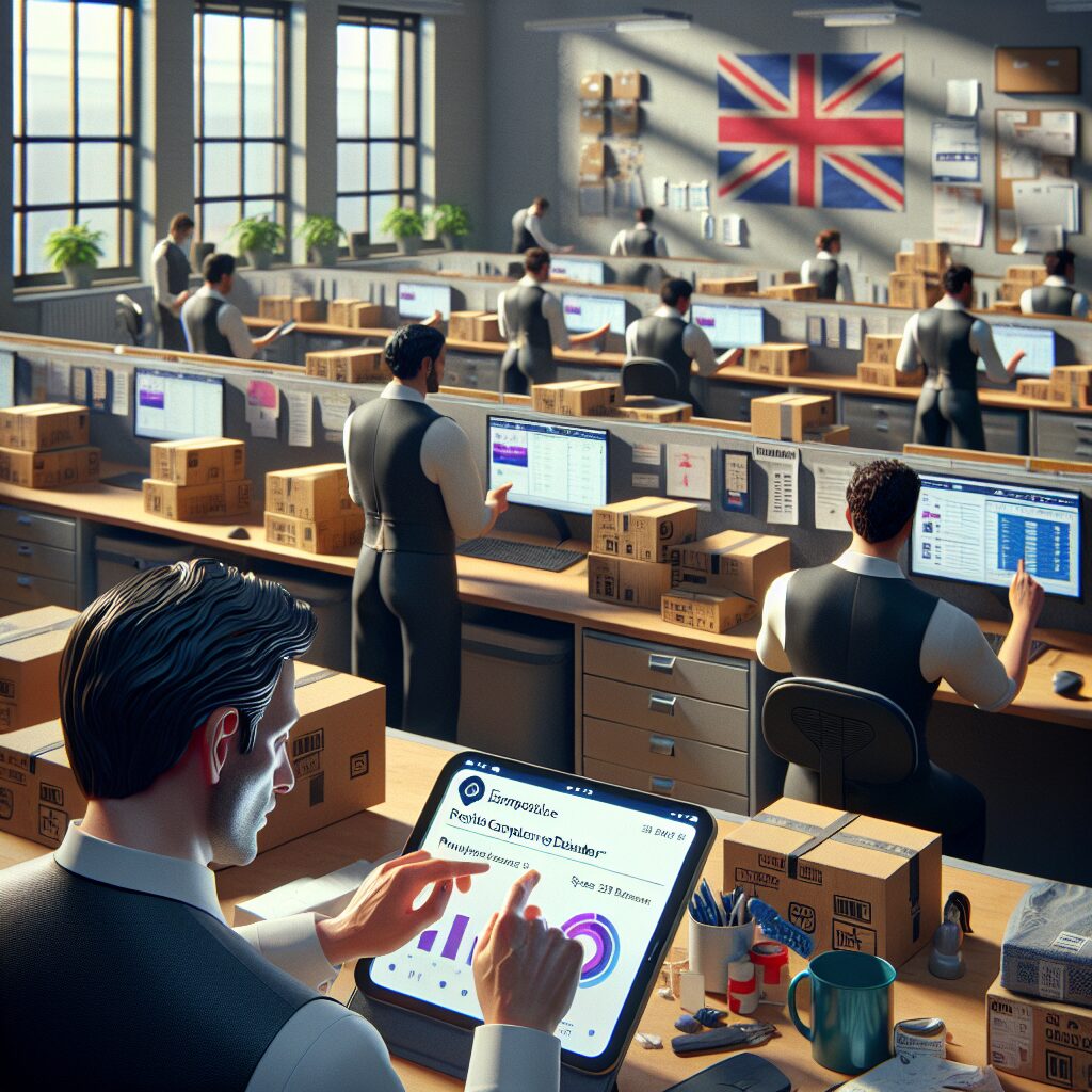 UK marketplace sellers managing EPR compliance on a dashboard with parcel boxes and recycling symbols in a modern workspace.