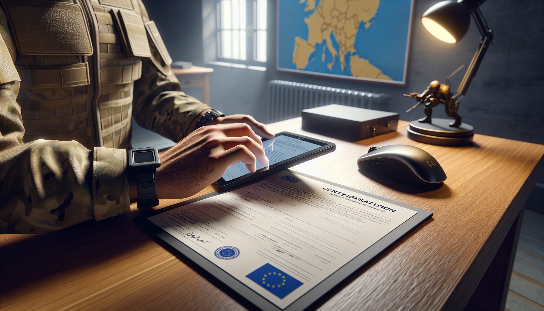 Hands completing WEEE registration on tablet with certification and EU map in background.