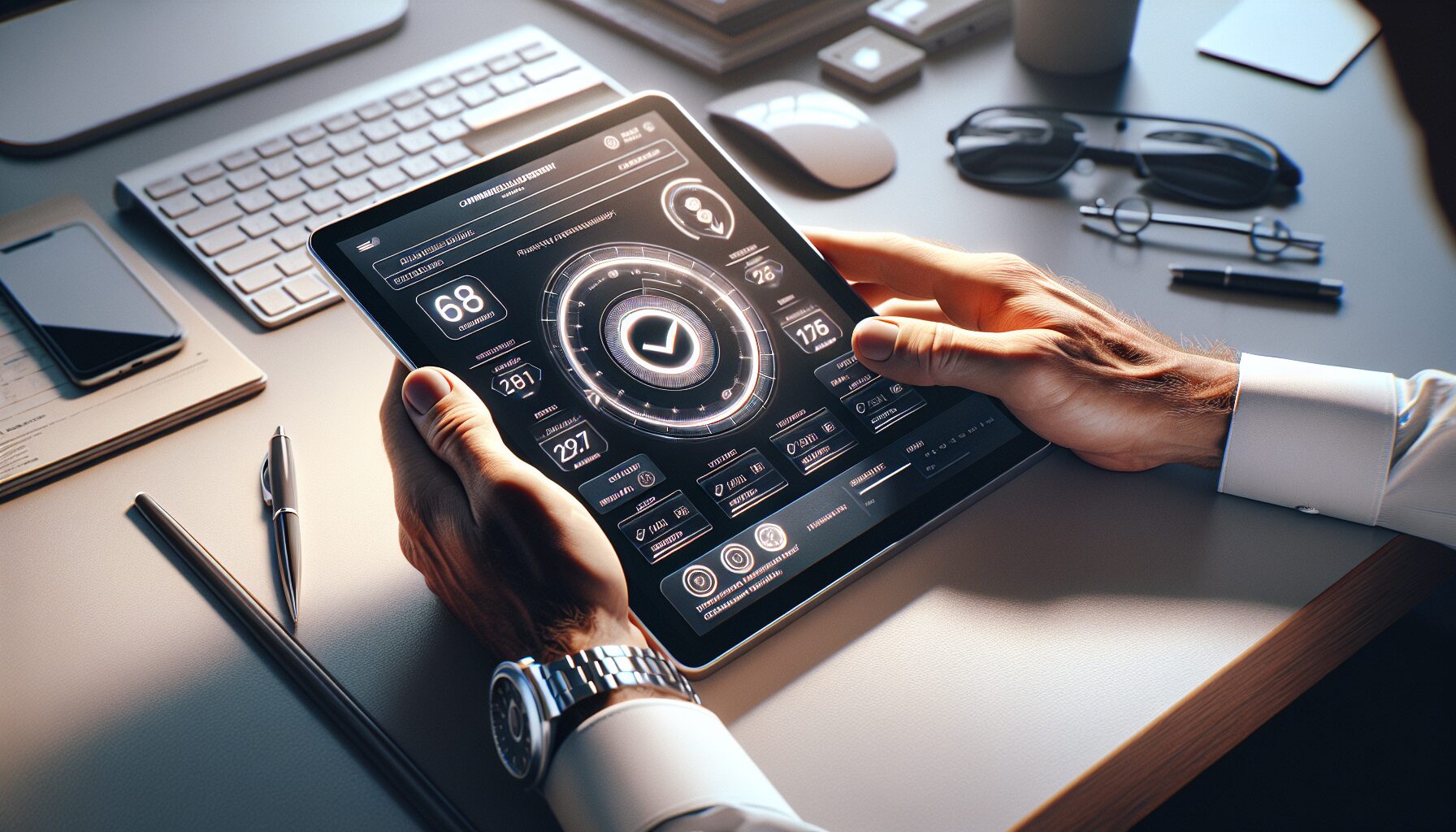 Tablet displaying WEEE producer number approval progress bar, held by hands over a work desk with clean tech setup.