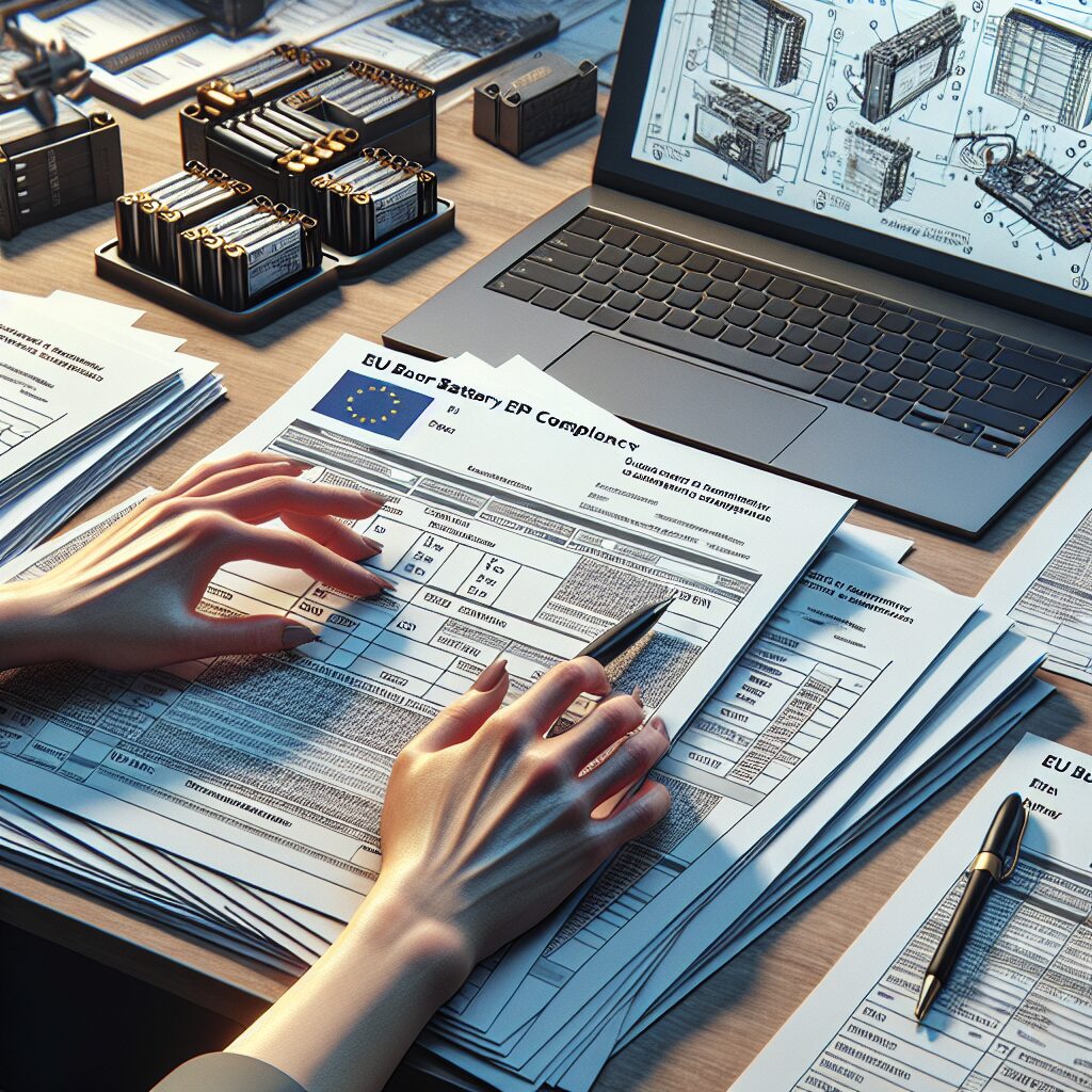 Hands preparing EPR batteries compliance paperwork beside laptop displaying embedded electronics regulations for 2025.