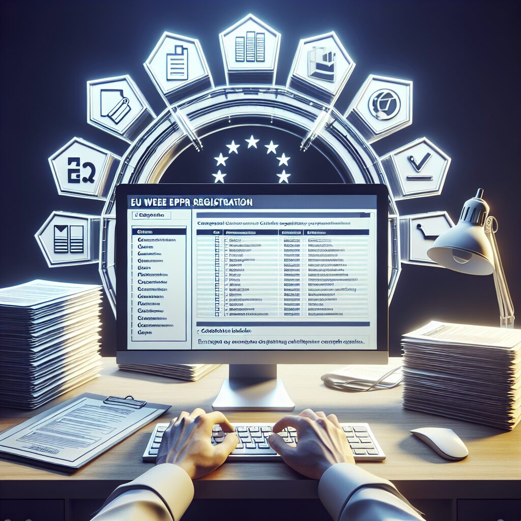 Office desk with EU WEEE EPR registration portal and product classification documents for 2025 compliance.