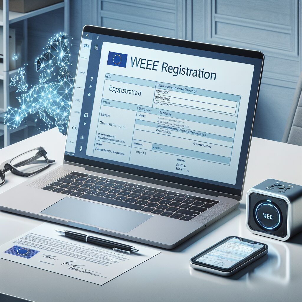 Illustration of the WEEE registration number process in the EU, featuring documents, a device, and an EU map.