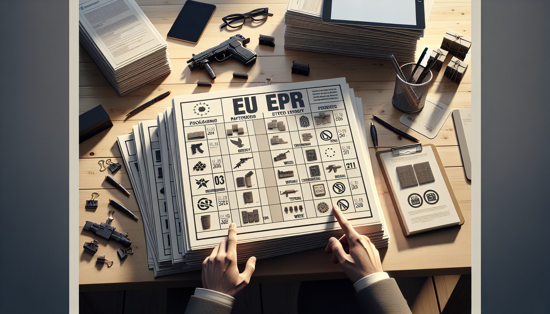 Printed 2025 EU EPR calendar laid on desk with category icons and country deadlines for seller compliance.