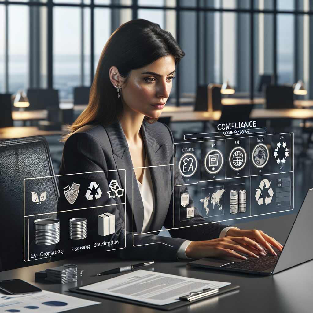 Illustration of a unified EPR compliance service dashboard showing packaging, battery, and WEEE icons across EU flags, empowering businesses.