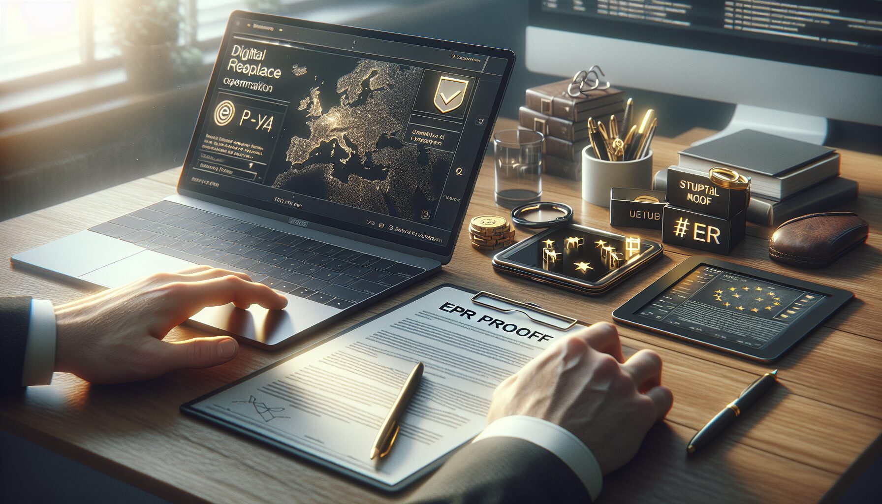 Workspace with EPR documents open and EU compliance checklist shown, ready for fast online marketplace approval.