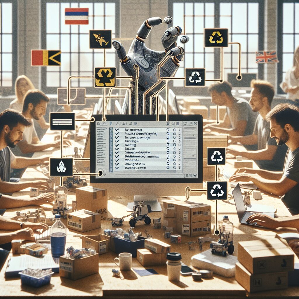 Illustration of EU compliance automation in action — sellers collaborating across European marketplaces using real-time dashboards and automated EPR tools.