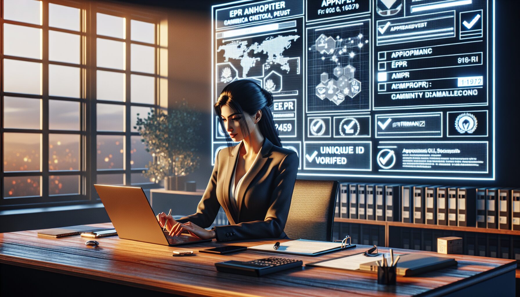 Business professional reviewing EPR compliance checklist for France with Triman and Info-Tri visuals on screen