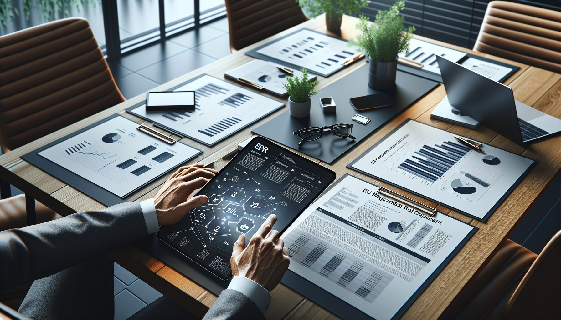 Documents and tablet displaying EPR onboarding workflows and EU compliance charts in a team office setting.