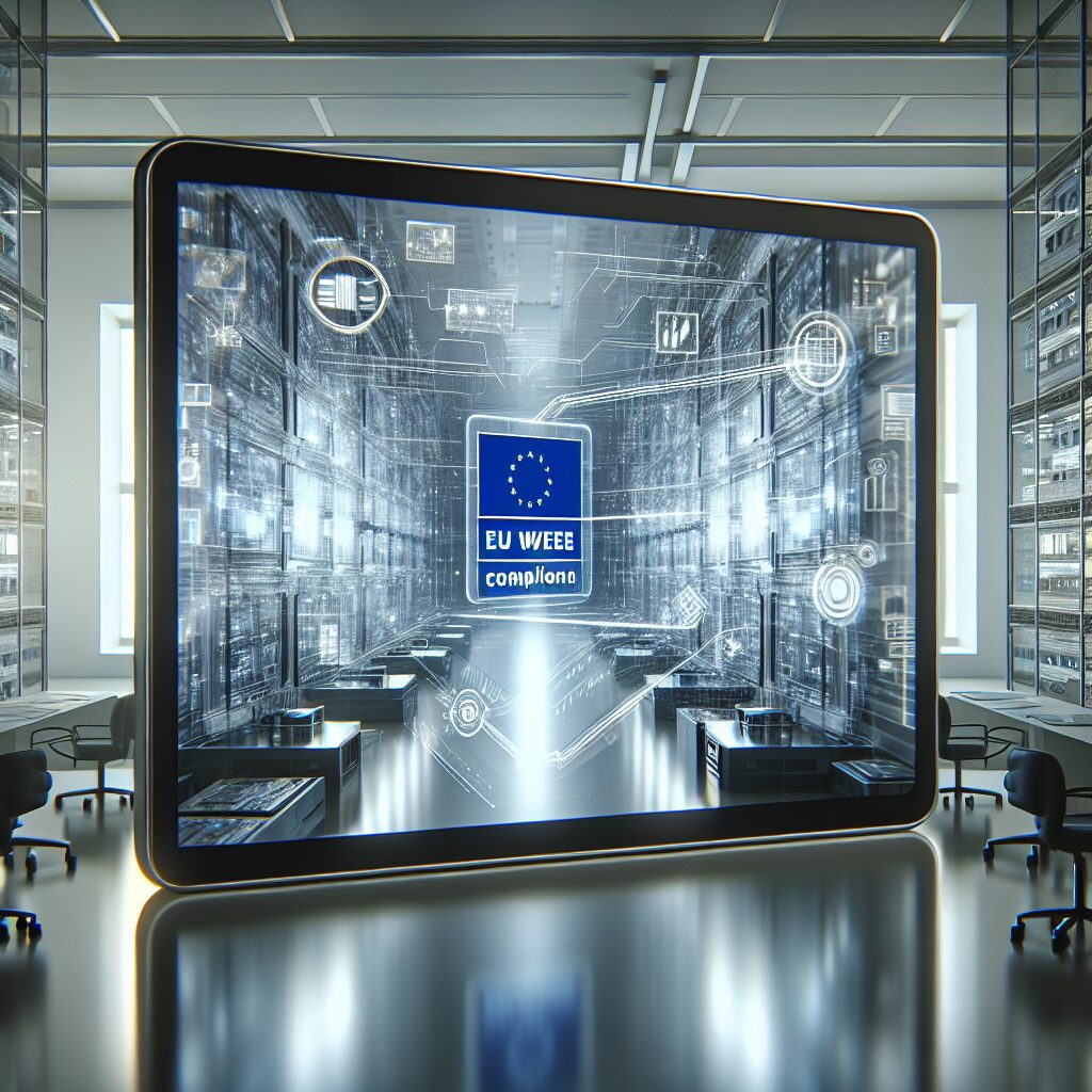 A labeled electronic device 'EU WEEE Compliant' passing through a digital registration interface represents rapid WEEE producer number assignment.