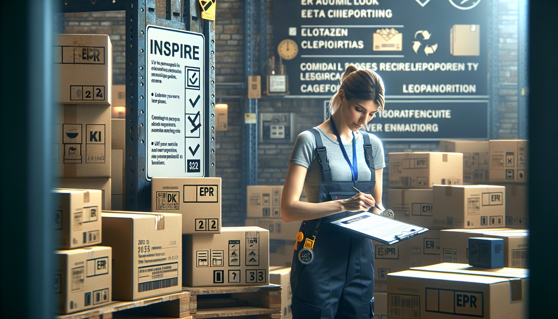 E-commerce staff reviewing 2025 UK EPR checklist in a warehouse with compliance documentation.