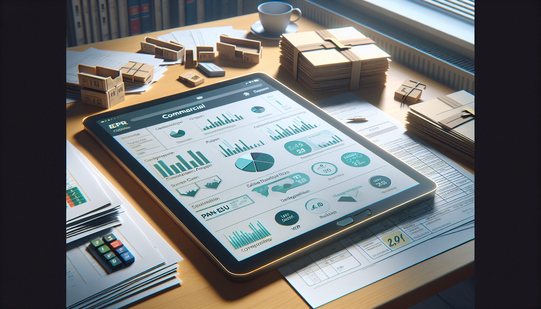 Tablet screen showing pan-EU EPR automation with documents becoming digital icons, highlighting packaging and WEEE reporting.