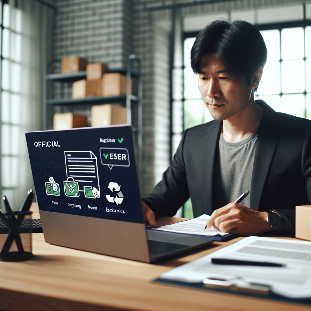 An e-commerce seller at a laptop working through the UK WEEE registration process with compliance icons and documents visible.