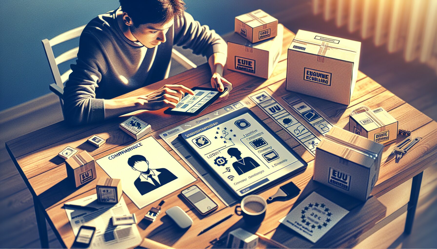 Seller using automated EU compliance dashboard with labeled packaging and EPR icons in a bright workspace.