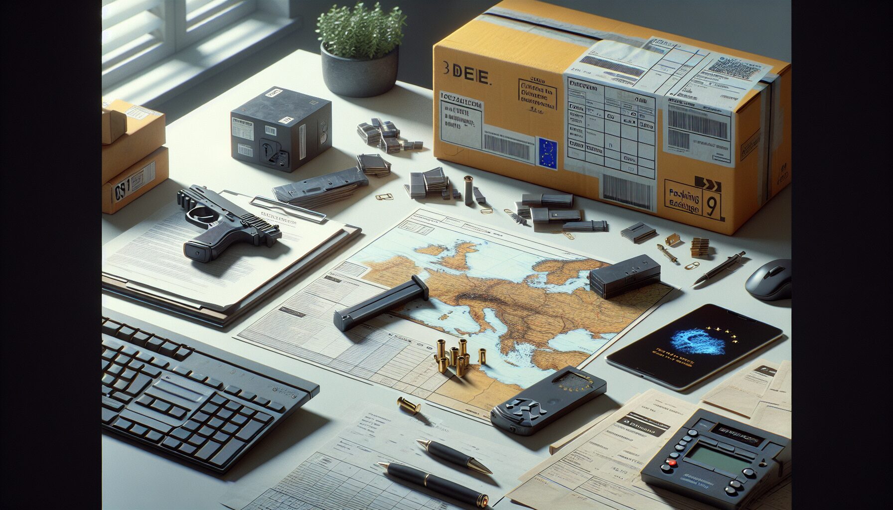 Illustration showing WEEE and packaging EPR checklist for EU countries with electronics and packaging materials.